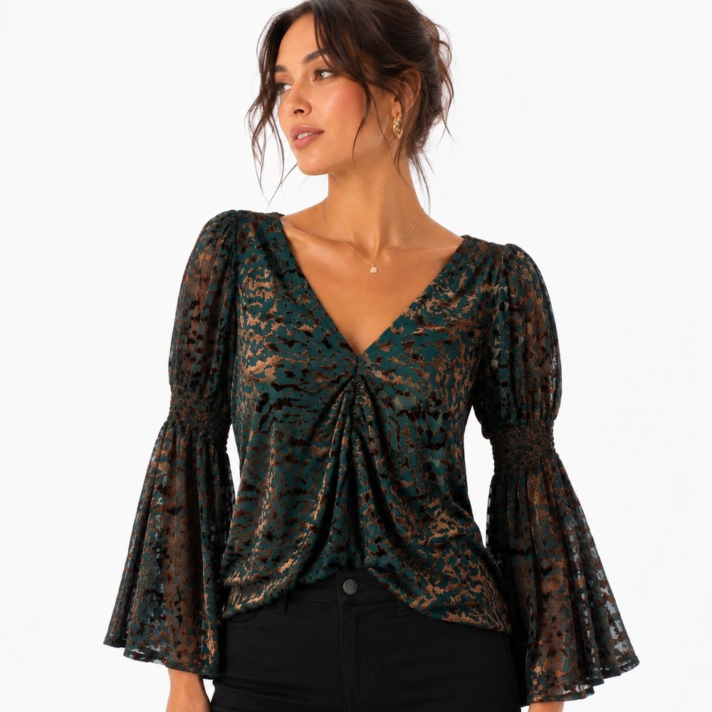 VICI Women Burnout Velvet Teal Bronze‎ Bell Sleeve V-Neck Blouse Small Boho Top